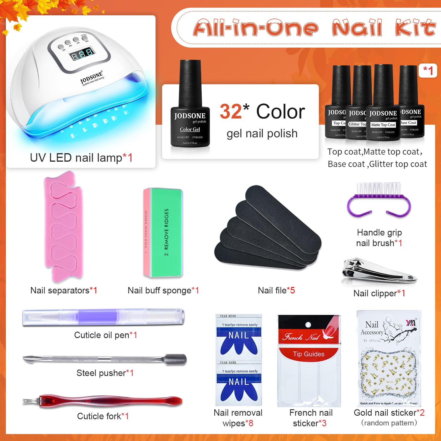 JODSONE 36-Pcs Gel Nail Polish Kit with UV Light – 32 Colors + Base & Top Coats