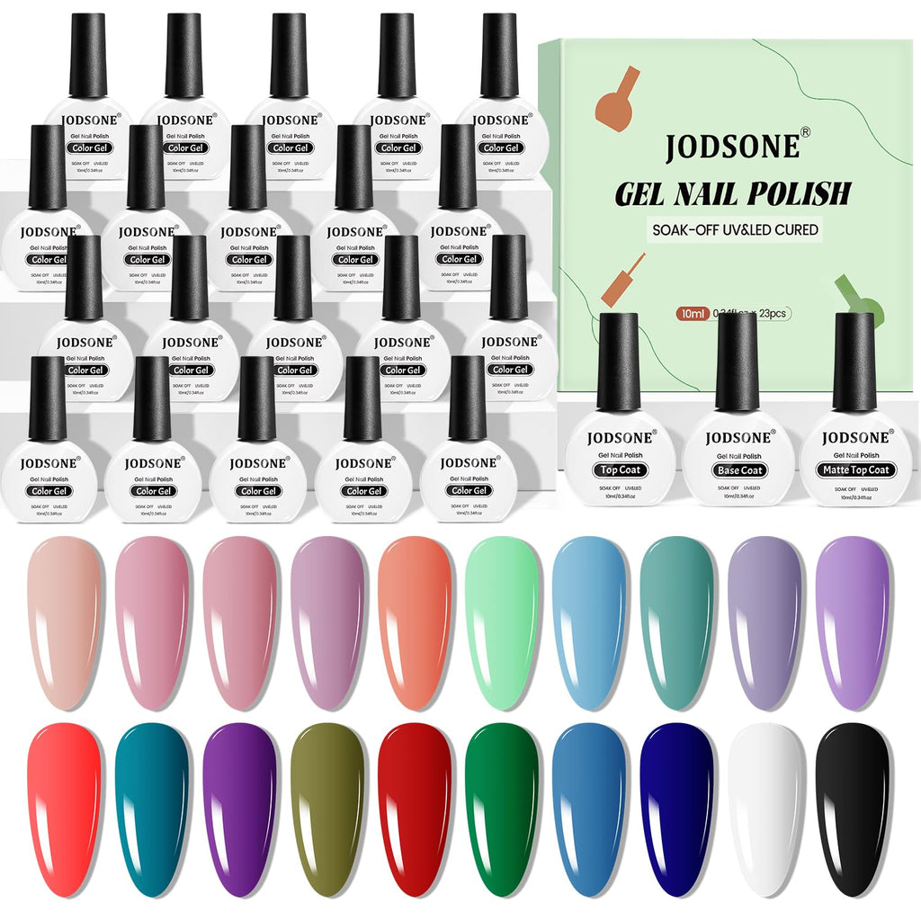 JODSONE Gel Nail Polish – 20-Color Set with Base Coat and Glossy/Matte Top Coats (23 x 10ml) – Pro Nail Kit