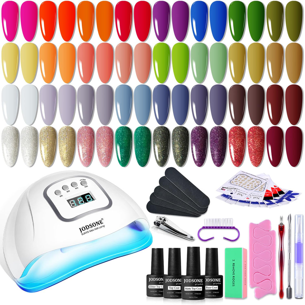 JODSONE Gel Nail Polish Kit with UV Light – 32 Colors, Base Coat, Matte Glitter Top Coat, Salon Tools