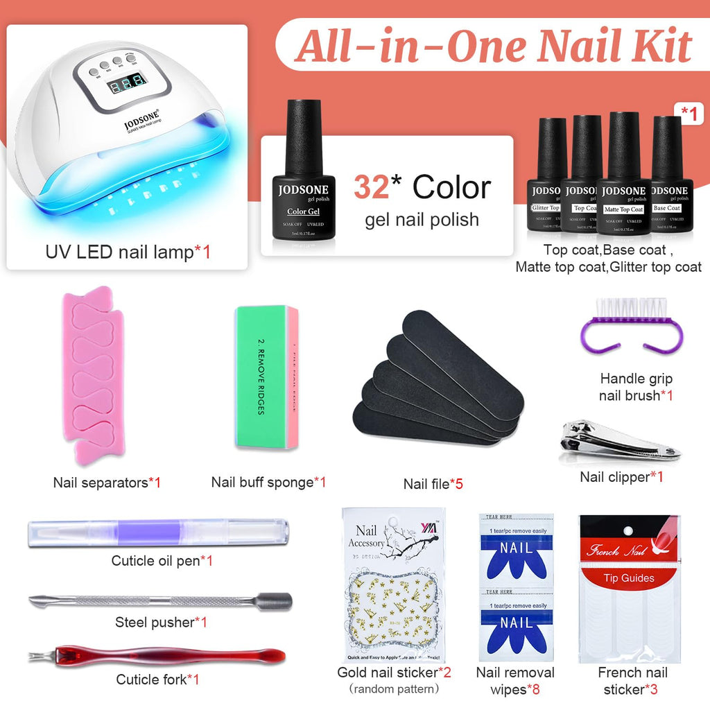 JODSONE Gel Nail Polish Kit with UV Light – 32 Colors, Base Coat, Matte Glitter Top Coat, Salon Tools