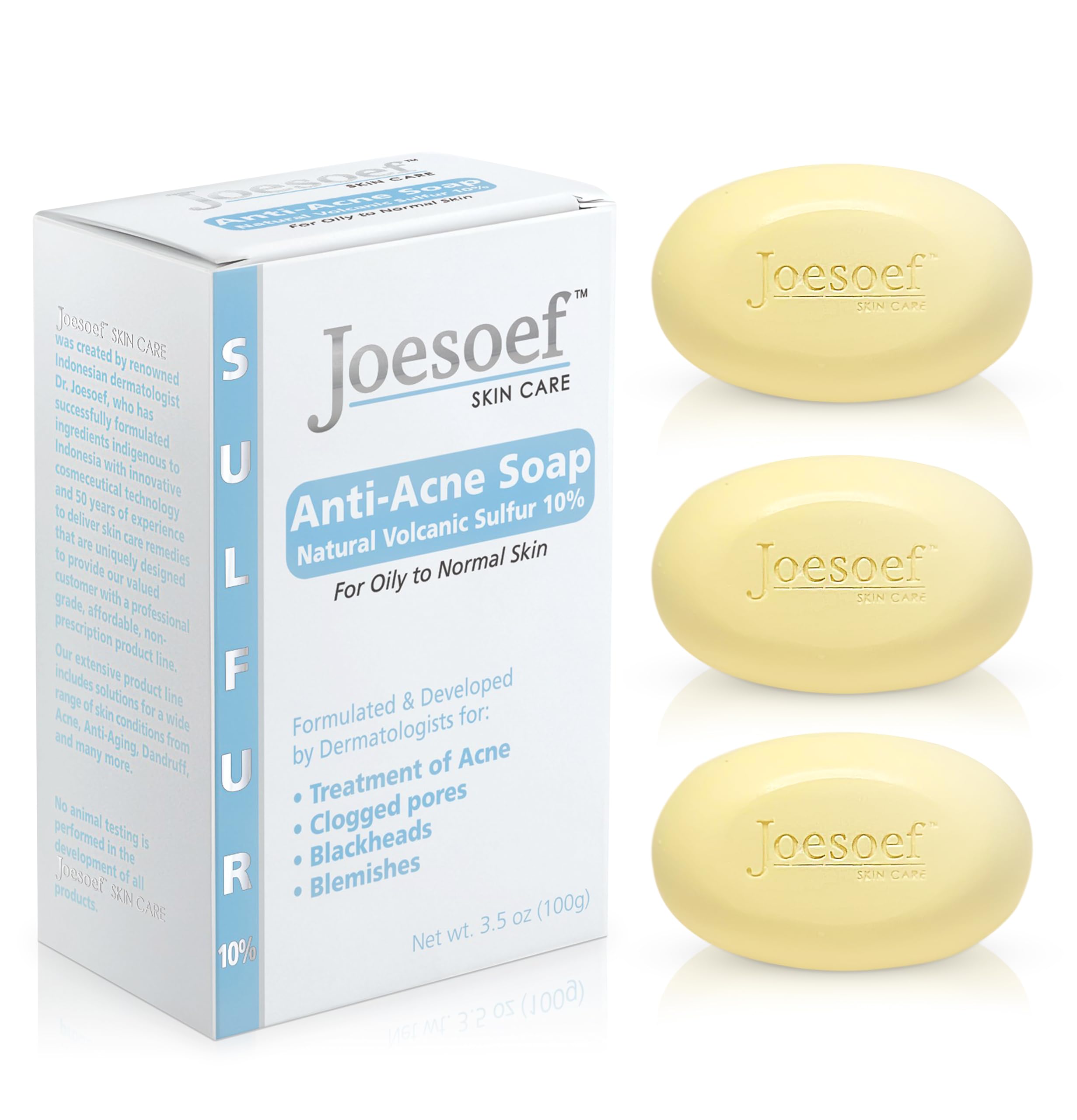 Joesoef Anti-Acne Soap with Volcanic Sulfur 10% — For Oily to Normal Skin | Pack of 3 | JOESOEF SKIN CARE
