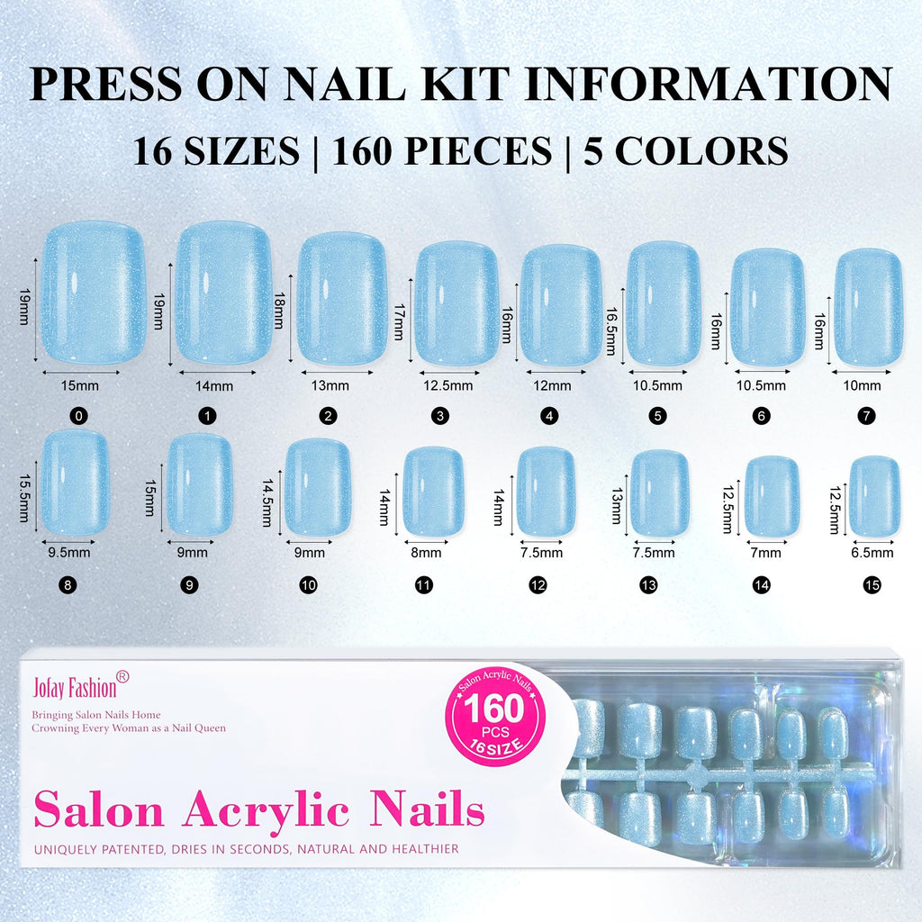 Jofay Fashion Cat-Eye Press-On Nails Kit – Island Shade, 160 Pcs, Reusable Gel Nails, Square Glue-On, 16 Sizes