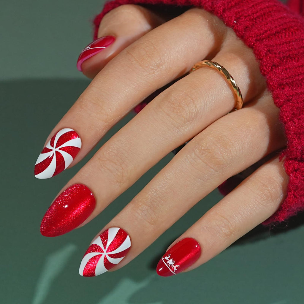 Jofay Fashion Christmas Press On Nails Almond – Red Cat Eye Kit, 32 Nails in 16 Sizes