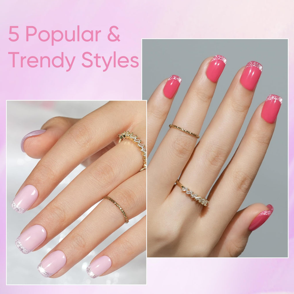 Jofay Fashion Press On Nails Short 5 Styles – 160Pcs Cat Eye Glitter French Tip, Reusable Opaque Gel Nails, Square Glue-On Nails (16 Sizes)