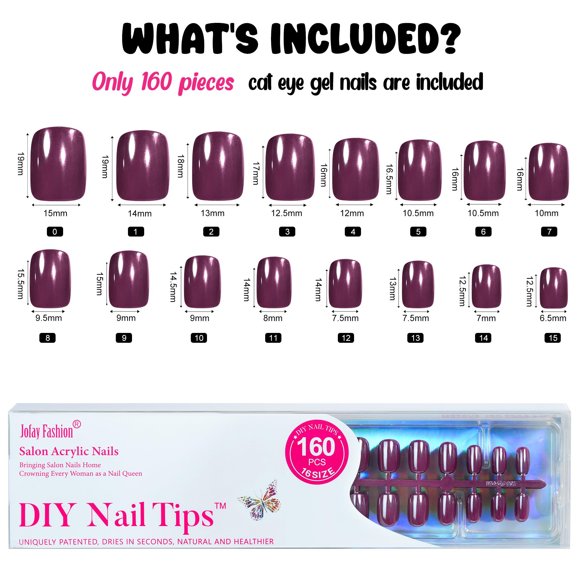 Jofay Fashion Press On Nails Short Dark Purple – Chrome Square, 160pcs Soft Gel Kit | 16 Sizes