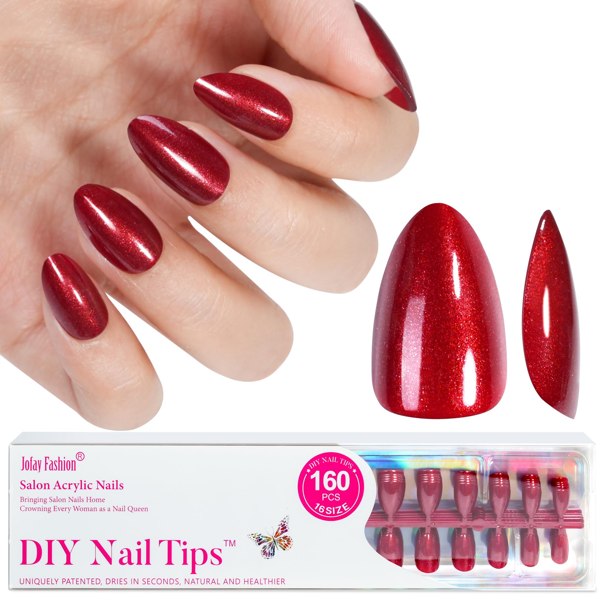 Jofay Fashion Red Press On Nails Short – 160 Pcs Almond Glitter, Salon-Quality