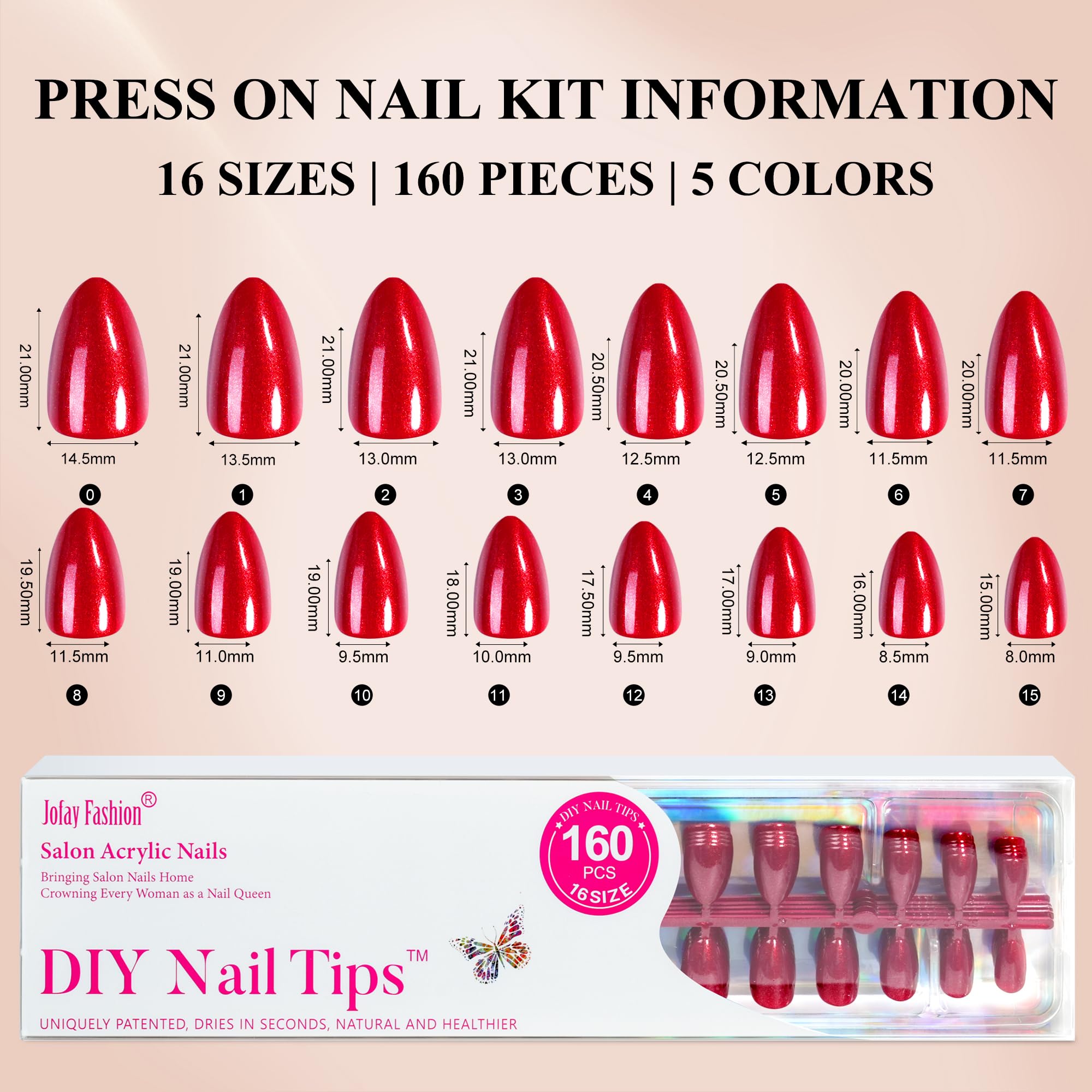 Jofay Fashion Red Press On Nails Short – 160 Pcs Almond Glitter, Salon-Quality
