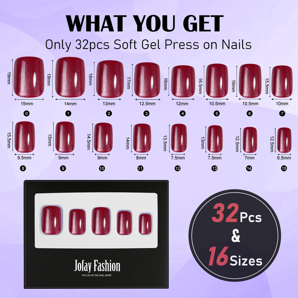 Jofay Fashion Cat Eye Press On Nails Short – Valentines Red, 32-Piece Gel Glue-On Kit
