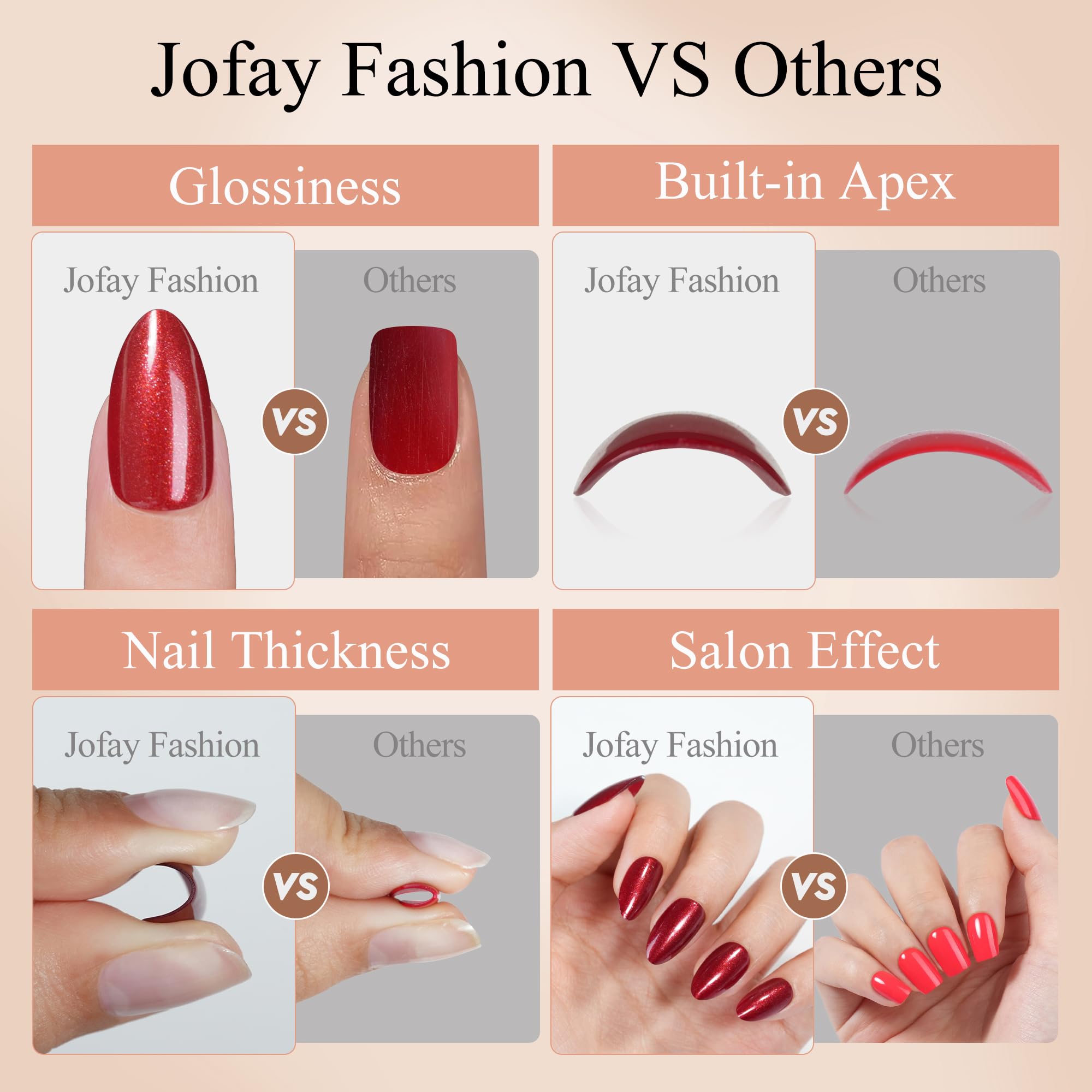 Jofay Fashion Red Press On Nails Short – 160 Pcs Almond Glitter, Salon-Quality