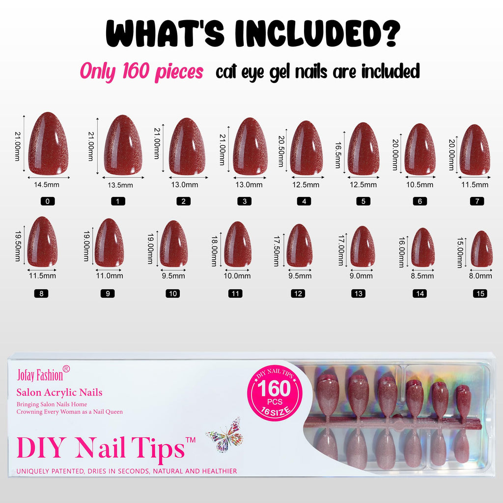 Jofay Fashion Almond Press On Nails Cat Eye - Short Glue On Nails Kit, 160pcs, 16 Sizes