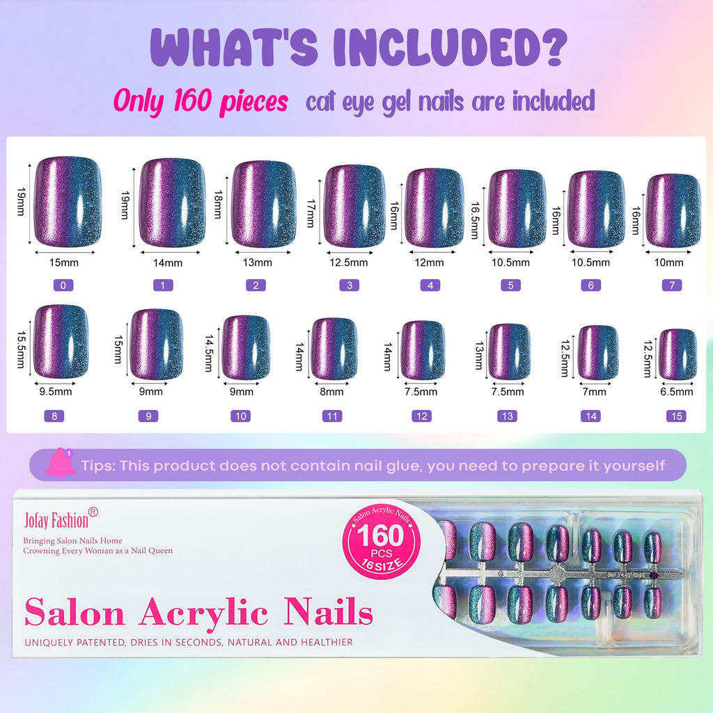 Jofay Fashion Cat Eye Press On Nails Short — 5 Styles, 160 PCS, Soft Gel Finish