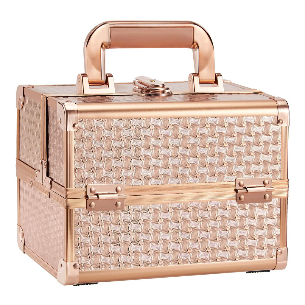 Joligrace Beauty Makeup Train Case – Rose Gold Portable Cosmetic Box with Mirror, 2-Tier Trays, Lockable