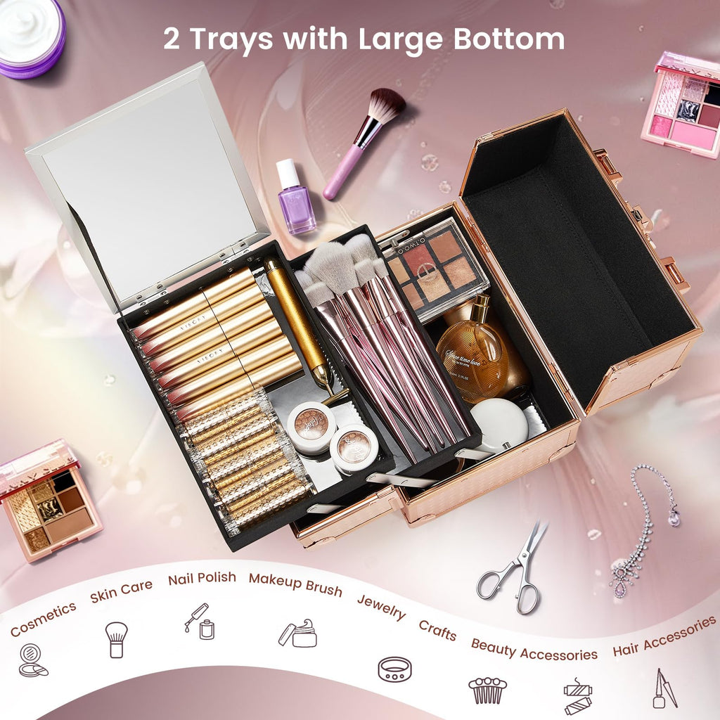 Joligrace Beauty Makeup Train Case – Rose Gold Portable Cosmetic Box with Mirror, 2-Tier Trays, Lockable