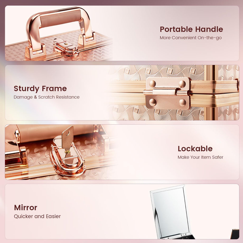 Joligrace Beauty Makeup Train Case – Rose Gold Portable Cosmetic Box with Mirror, 2-Tier Trays, Lockable