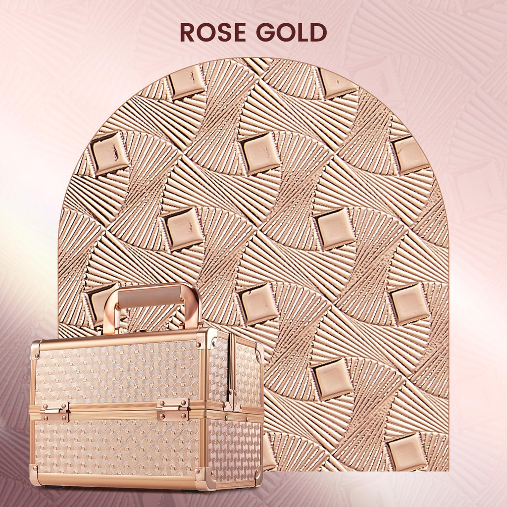 Joligrace Beauty Makeup Train Case – Rose Gold Portable Cosmetic Box with Mirror, 2-Tier Trays, Lockable