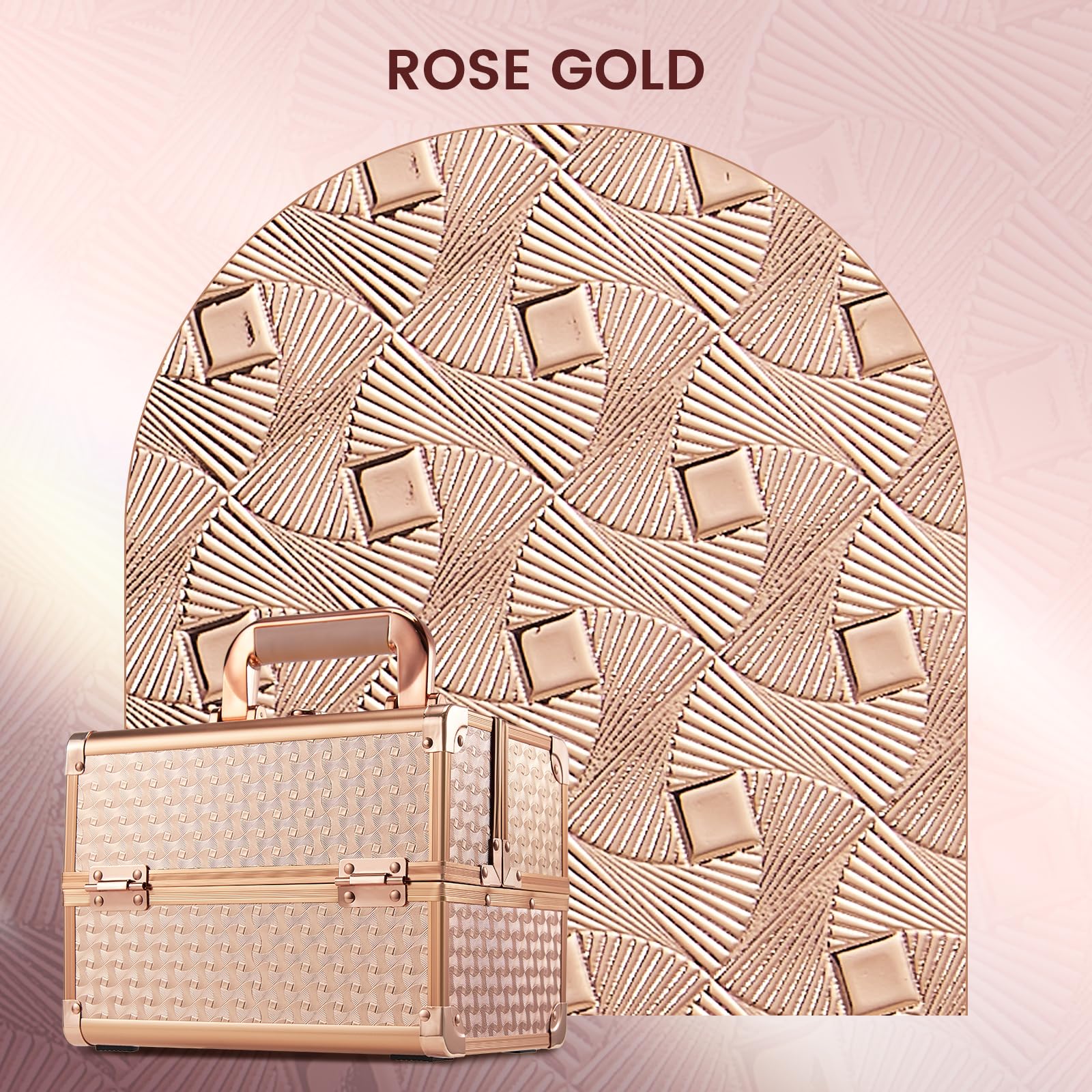 Joligrace Beauty Makeup Train Case – Rose Gold Portable Cosmetic Box with Mirror, 2-Tier Trays, Lockable