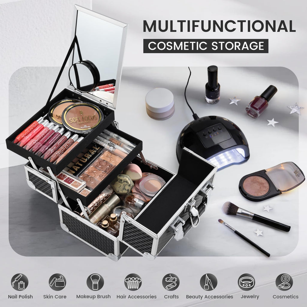 Joligrace Makeup Box with Mirror – 2-Tier Train Case, Portable & Lockable