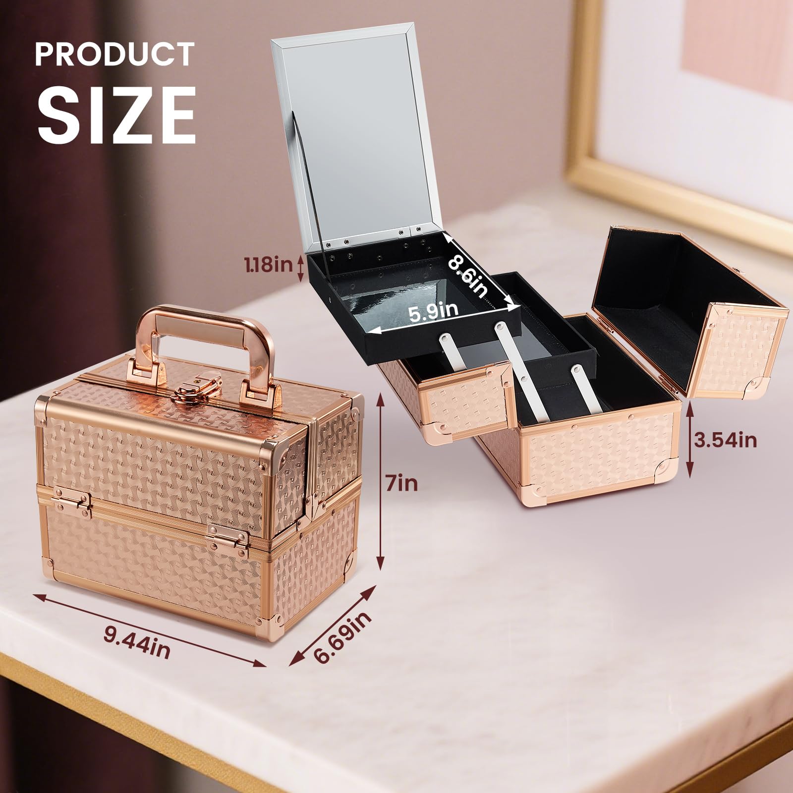 Joligrace Beauty Makeup Train Case – Rose Gold Portable Cosmetic Box with Mirror, 2-Tier Trays, Lockable