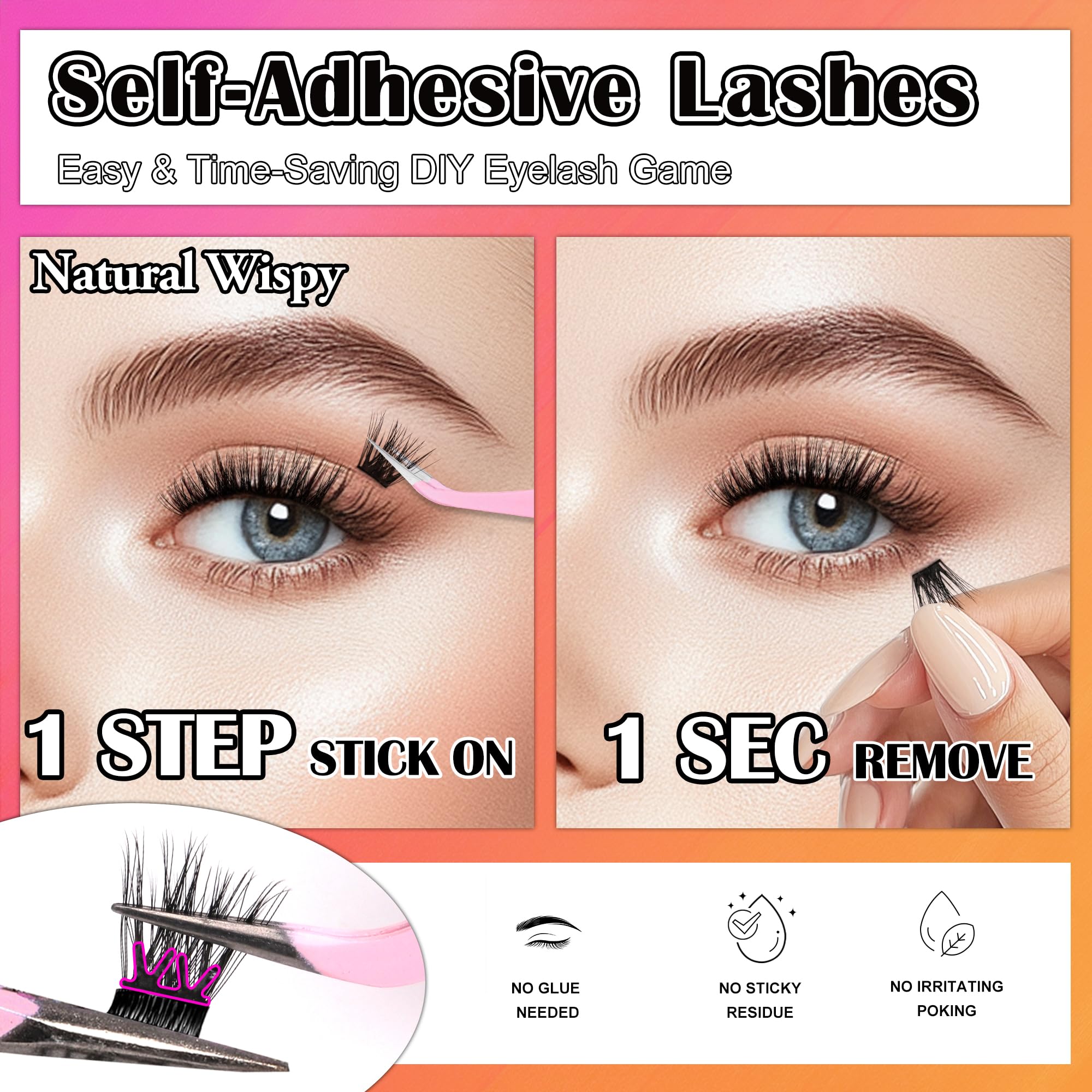 JoMay Self-Adhesive Flat Lash Clusters – No Glue Needed, D-Curl Ultra Soft X5, 56pcs by M J JOMAY