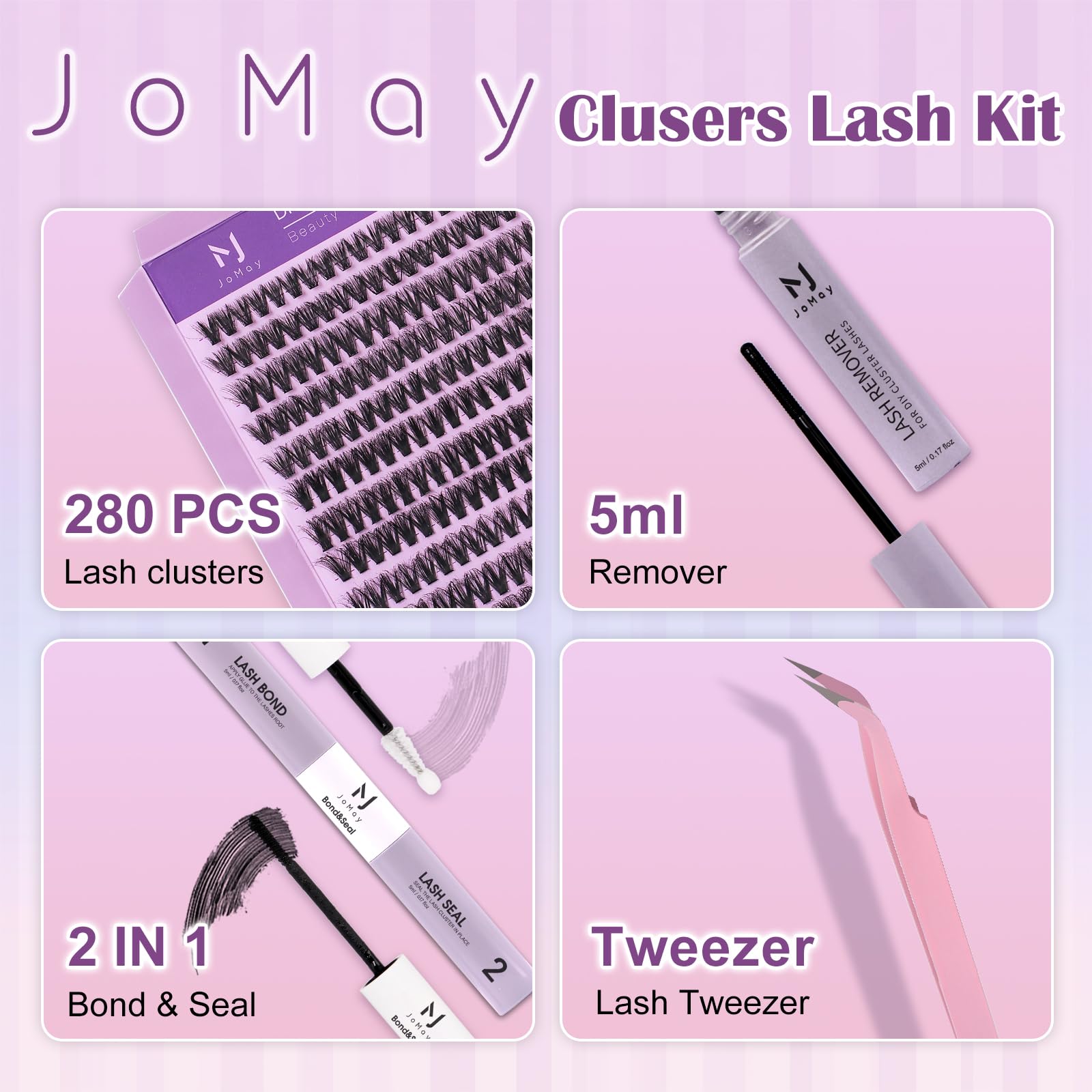 M J JOMAY Fluffy Lash Clusters Kit 280pcs – 60D Volume Lashes with Bond & Seal