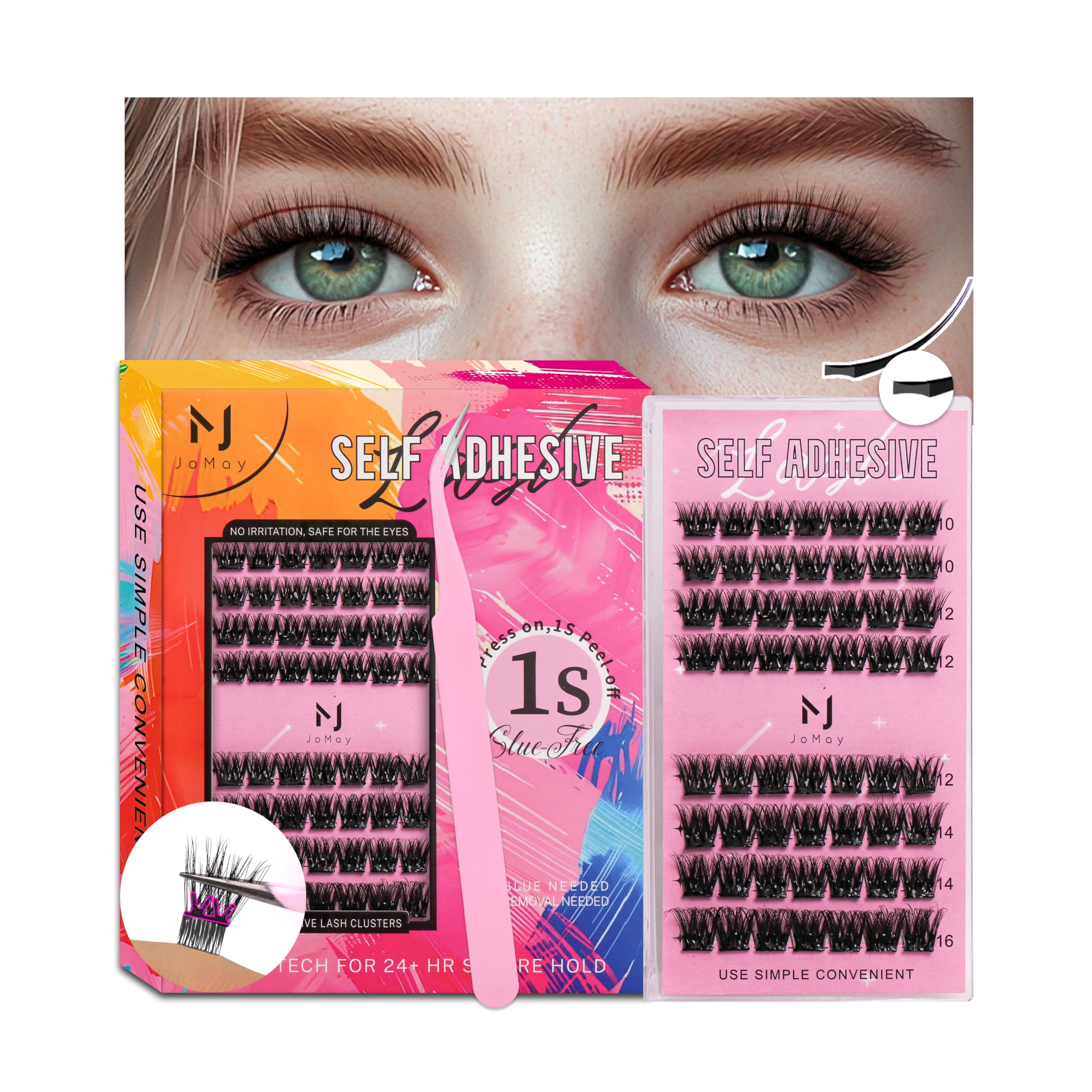 JoMay Self-Adhesive Flat Lash Clusters – No Glue Needed, D-Curl Ultra Soft X5, 56pcs by M J JOMAY