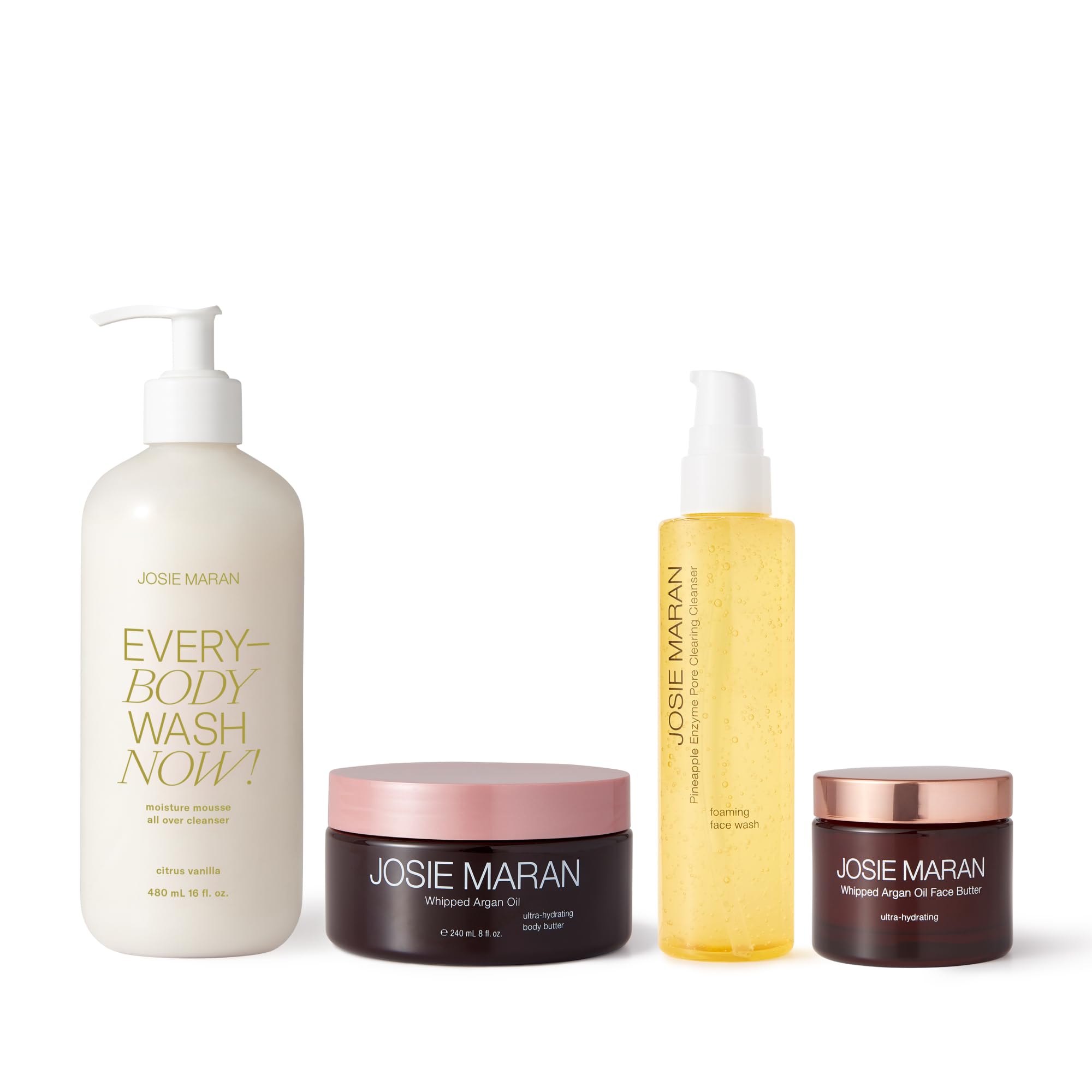 Josie Maran Cali Glow Collection – Body & Skincare Set (4 Count) with EveryBODY Wash Now, Argan Oil Butters, Pineapple Enzyme Cleanser