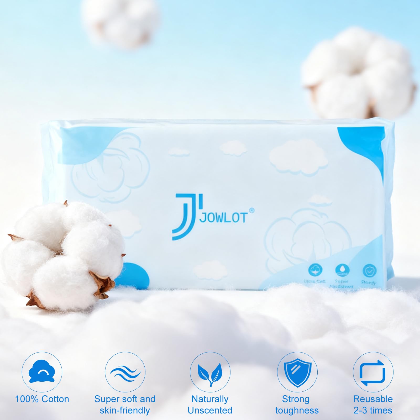 JOWLOT Disposable Face Towels – 240 Count Ultra-Soft 100% Cotton for Sensitive Skin