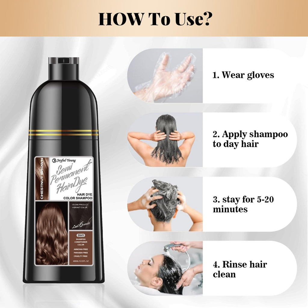 Joyful Young Chestnut Brown 3-in-1 Hair Dye Shampoo – Semi-Permanent, Ammonia-Free