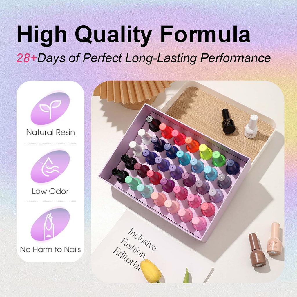 JR 35pcs Gel Nail Polish Set (10ml) – Deep Blue, Green, Yellow, Red, Pink with Base, Top, and Matte Coats for Professional Nail Art