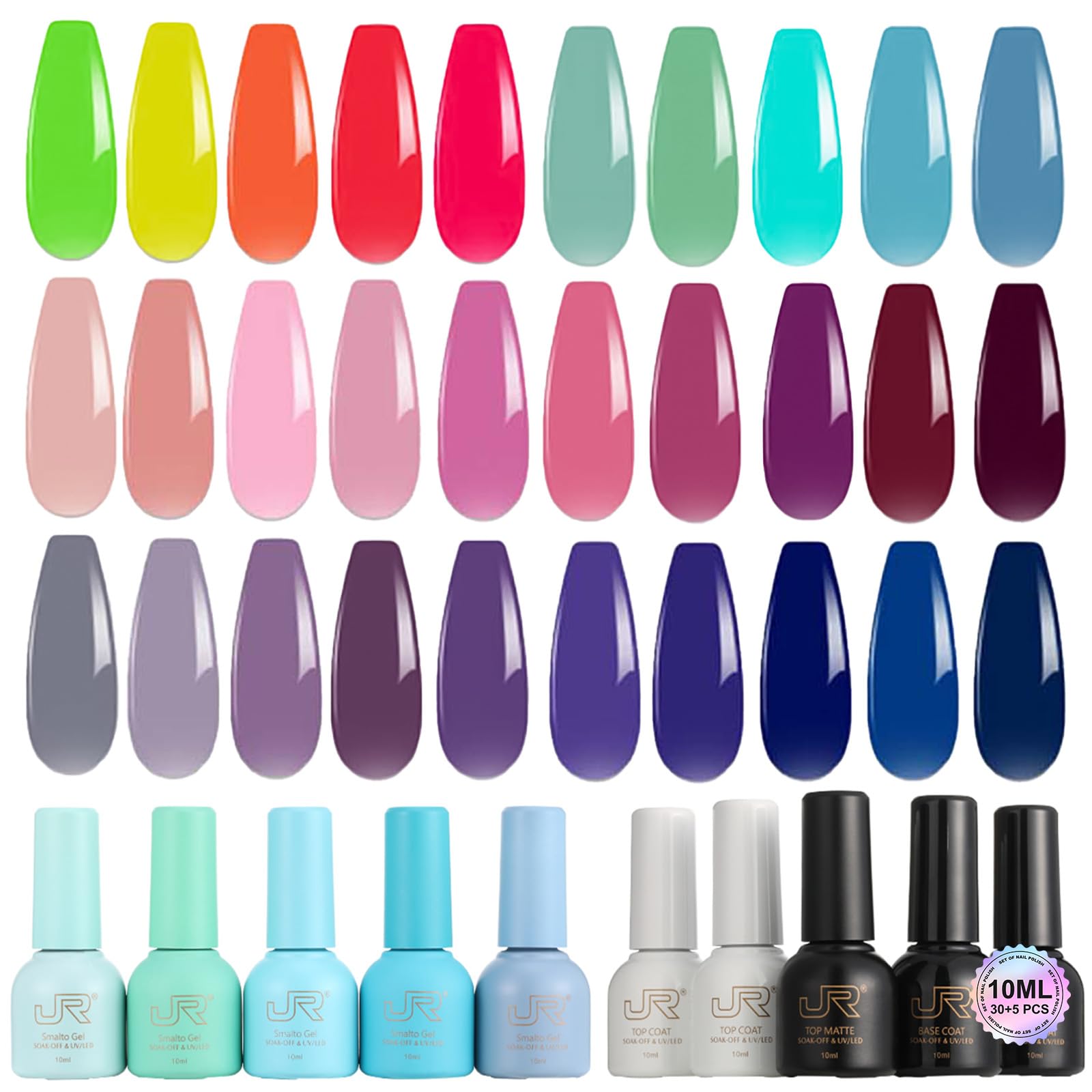 JR 35pcs Gel Nail Polish Set (10ml) – Deep Blue, Green, Yellow, Red, Pink with Base, Top, and Matte Coats for Professional Nail Art
