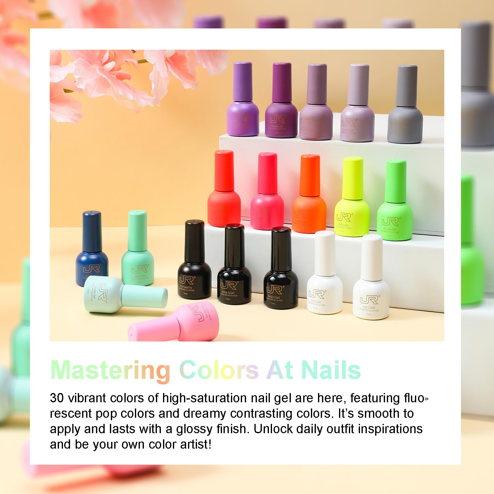 JR 35pcs Gel Nail Polish Set (10ml) – Deep Blue, Green, Yellow, Red, Pink with Base, Top, and Matte Coats for Professional Nail Art