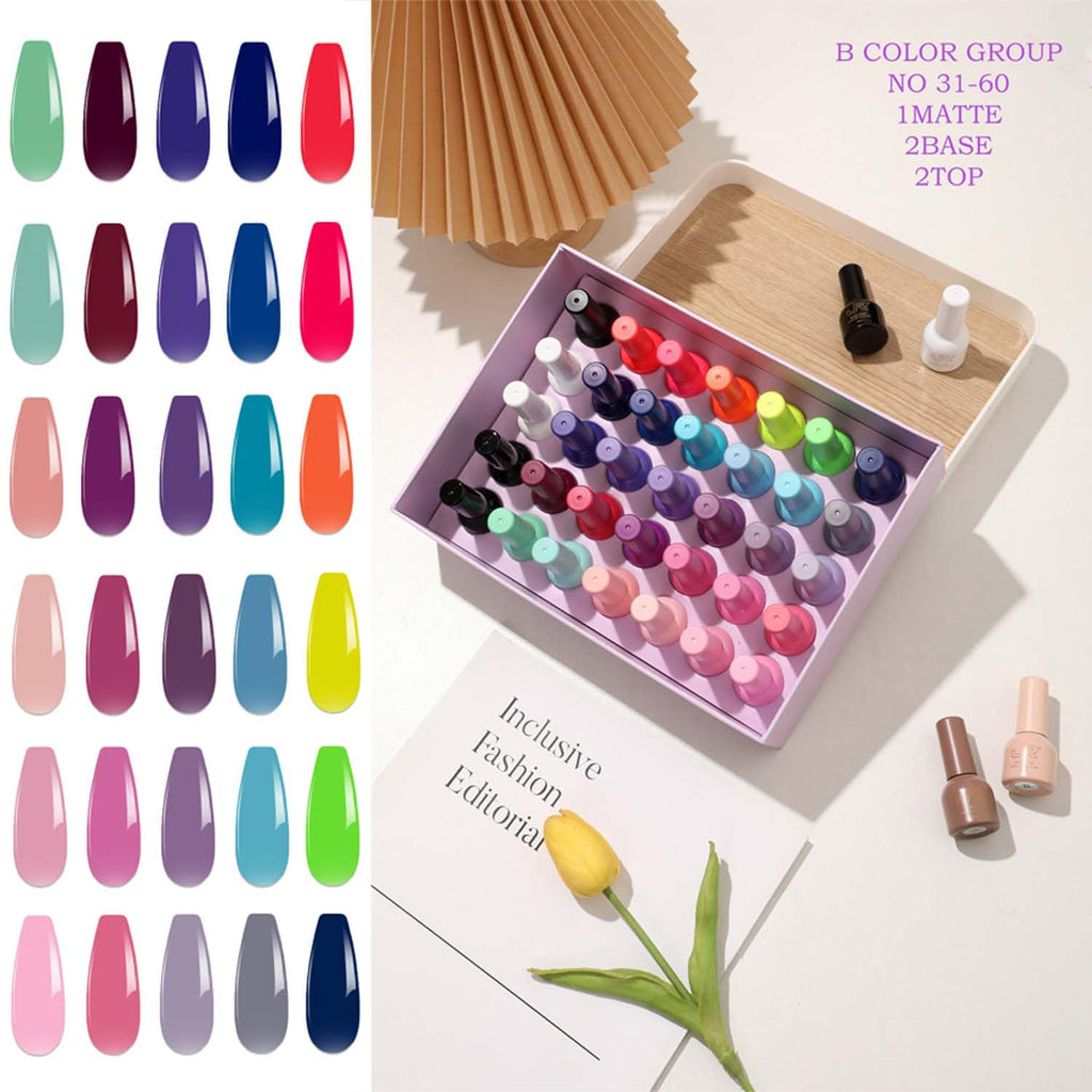 JR 35pcs Gel Nail Polish Set (10ml) – Deep Blue, Green, Yellow, Red, Pink with Base, Top, and Matte Coats for Professional Nail Art