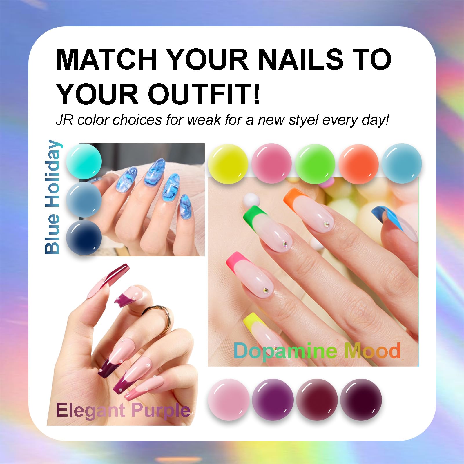 JR 35pcs Gel Nail Polish Set (10ml) – Deep Blue, Green, Yellow, Red, Pink with Base, Top, and Matte Coats for Professional Nail Art