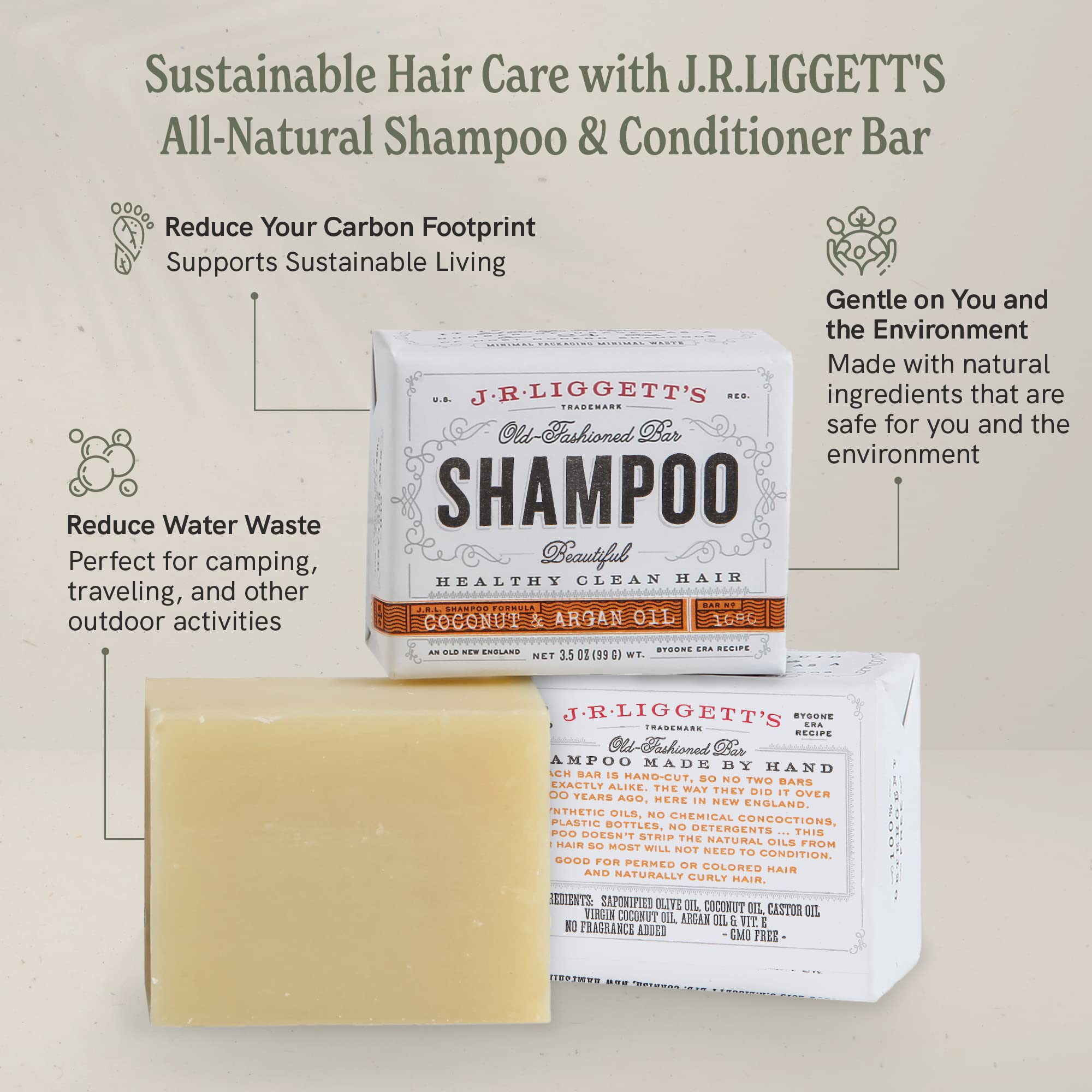 J.R.LIGGETT'S Shampoo & Conditioner Bar Set – 3-Pack with Coconut & Argan Oil | All-Natural Plant-Based