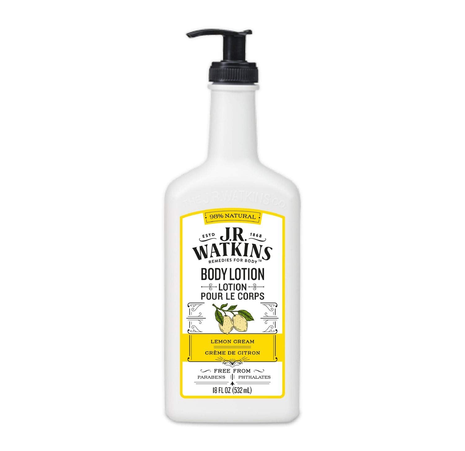 J.R. Watkins Daily Moisturizing Lotion — Hydrating Body Cream with Shea & Cocoa Butter, Lemon Cream, 18 oz Pump