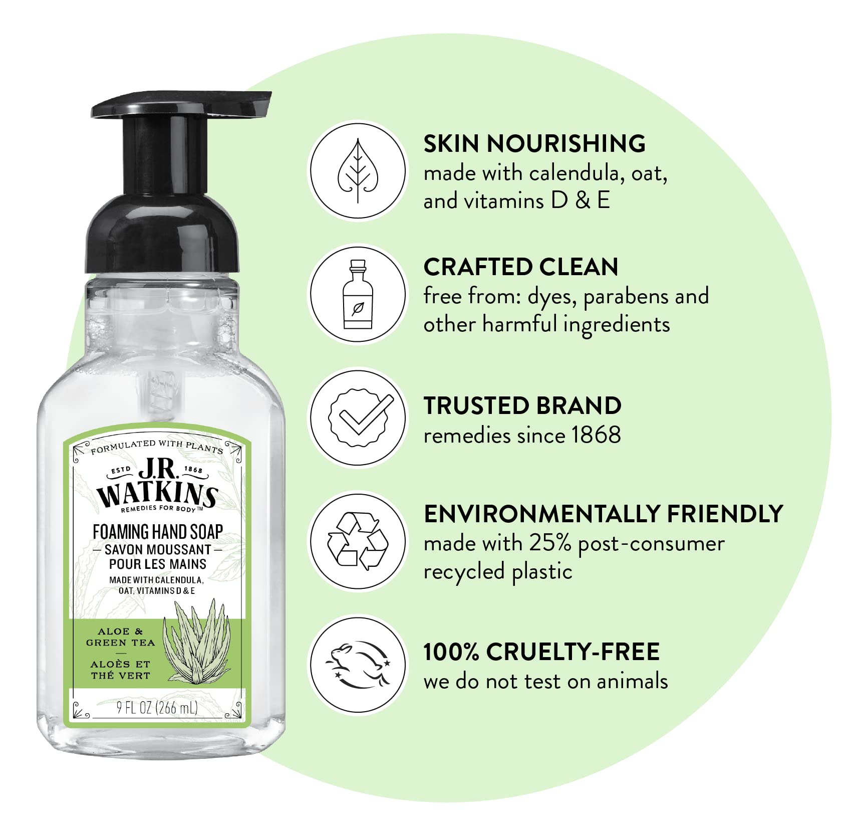 J.R. Watkins Foaming Hand Soap – Aloe & Green Tea, Alcohol-Free, 9 oz, 3 Pack