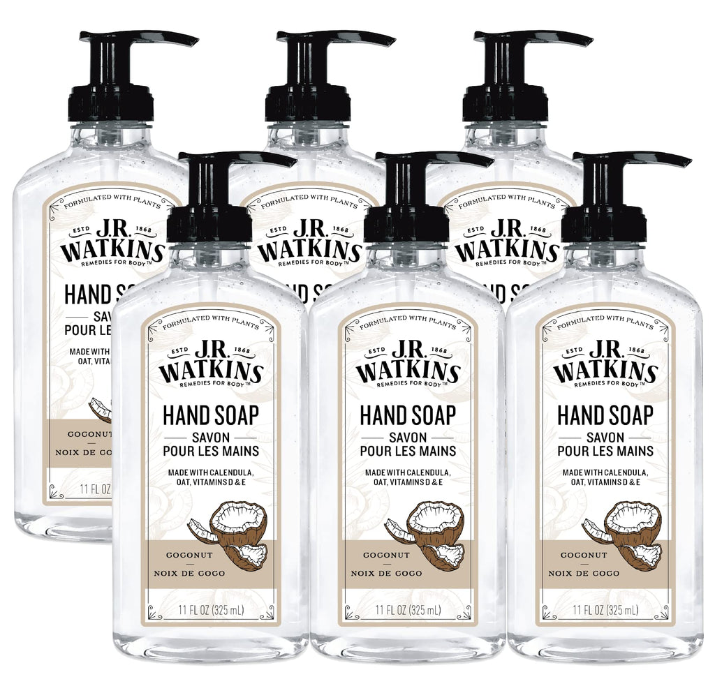 J.R. Watkins Gel Hand Soap – Coconut, USA Made, Cruelty-Free, 11 oz (6 Pack)
