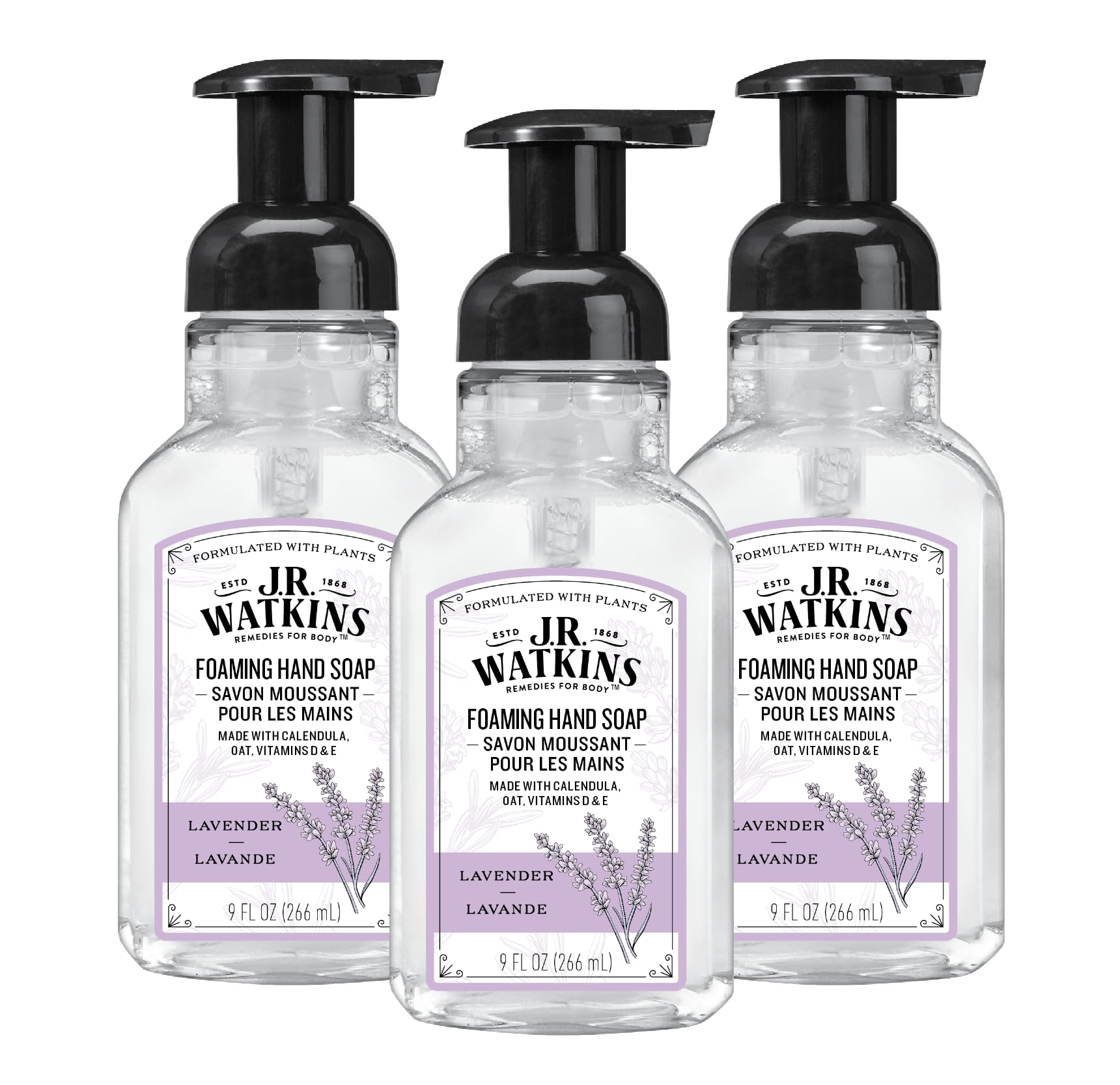 J.R. Watkins Lavender Foaming Hand Soap — 3 Pack, 9 oz, Alcohol-Free, Cruelty-Free, USA Made