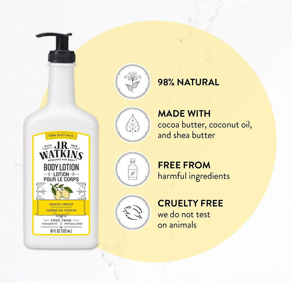 J.R. Watkins Daily Moisturizing Lotion — Hydrating Body Cream with Shea & Cocoa Butter, Lemon Cream, 18 oz Pump