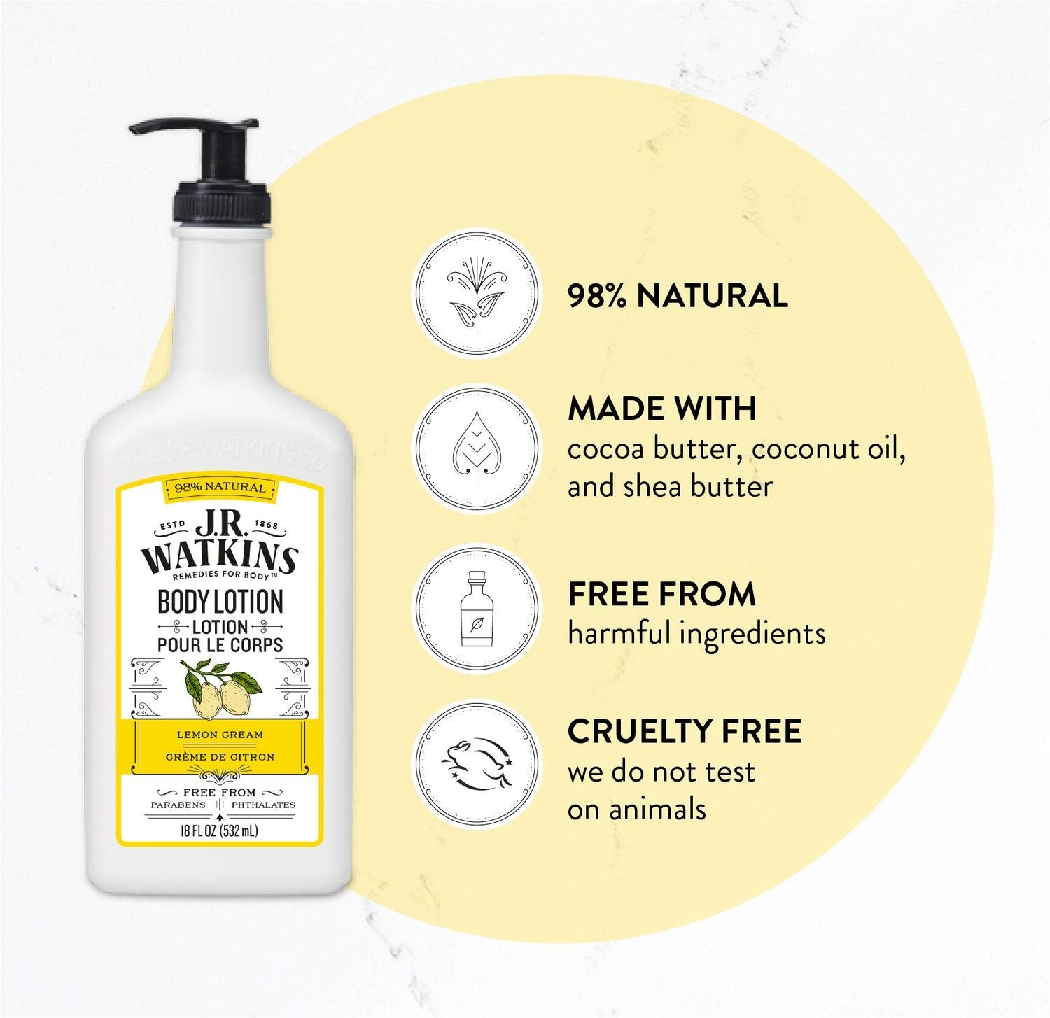 J.R. Watkins Daily Moisturizing Lotion — Hydrating Body Cream with Shea & Cocoa Butter, Lemon Cream, 18 oz Pump