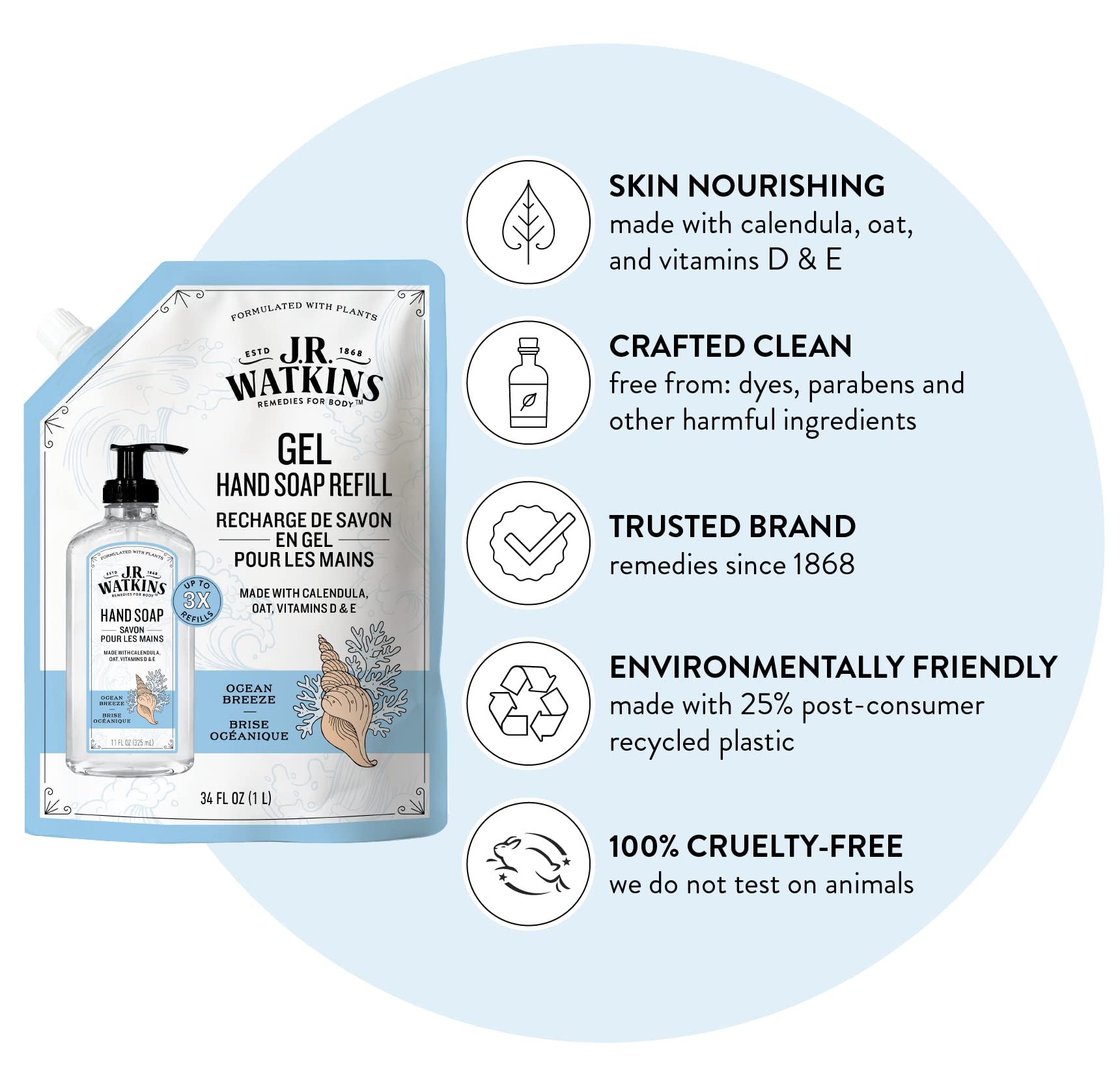 J.R. Watkins Ocean Breeze Gel Hand Soap Refill Pouch – 2 Pack, 34 fl oz, USA Made