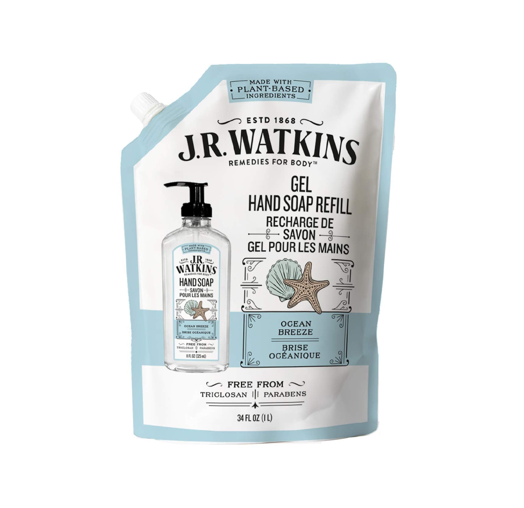 J.R. Watkins Ocean Breeze Hand Soap Gel Refill – 34 oz, Plant-Based & Paraben-Free
