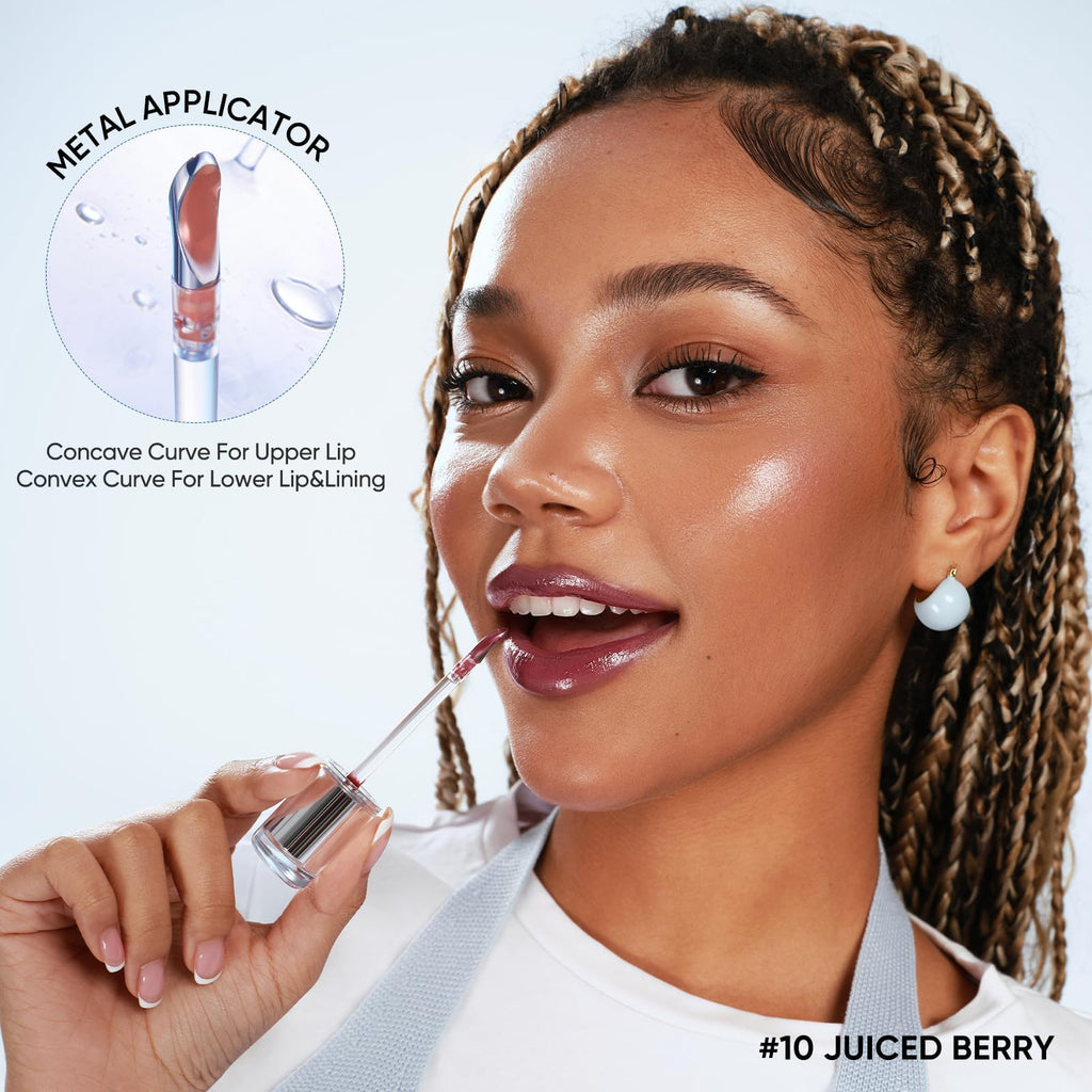 JUDYDOLL Ice Watery Lip Gloss #10 Juiced Berry – Non-Sticky, Long-Lasting Lip Color with Hyaluronic Acid & Collagen