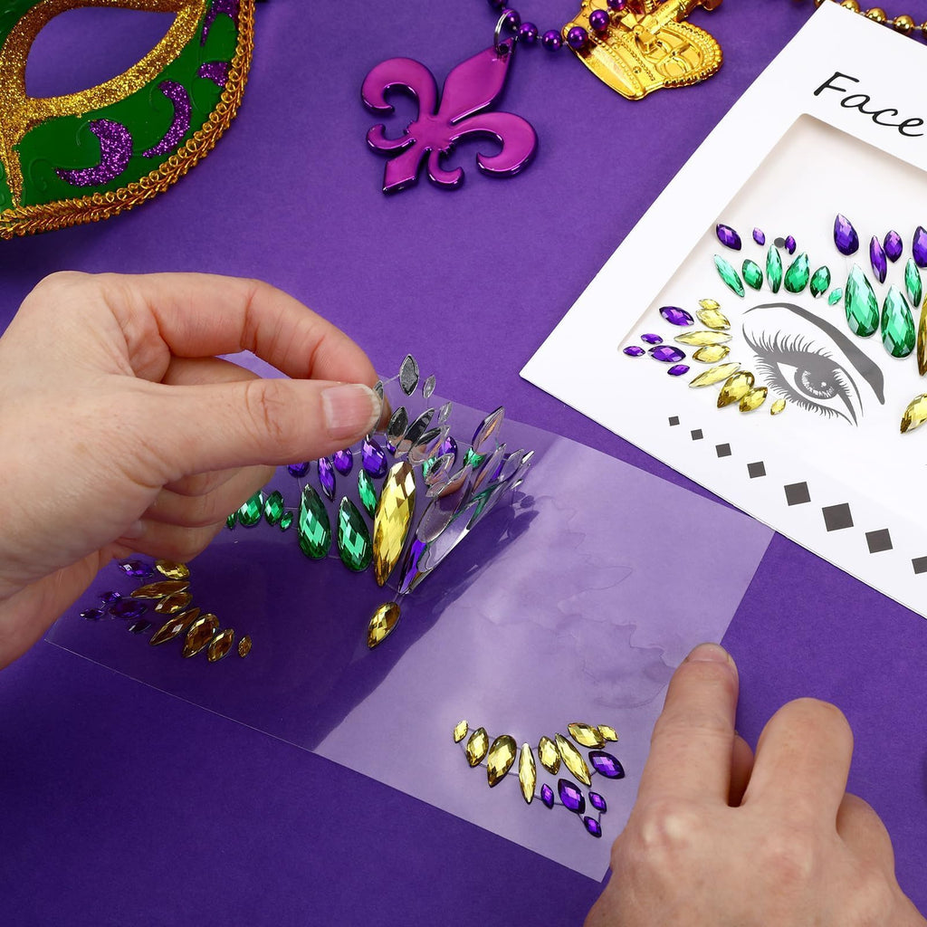 JUNEBRUSHS Mardi Gras Face Jewels – 6 Sheets of Premium Acrylic Temporary Tattoos in Yellow, Green & Purple