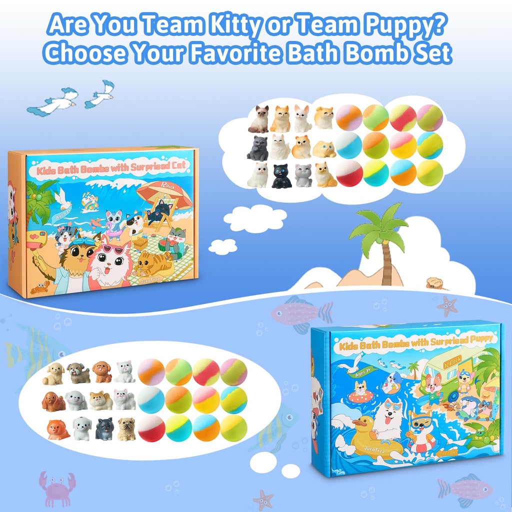 JuraFizz Kids Bath Bombs – 24 Surprises Inside with Puppy & Cat Toys