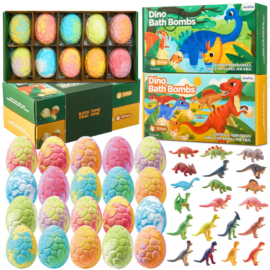 JuraFizz Dinosaur Bath Bombs for Kids – 20 Pack with Surprise Inside & Exclusive Dino Toys
