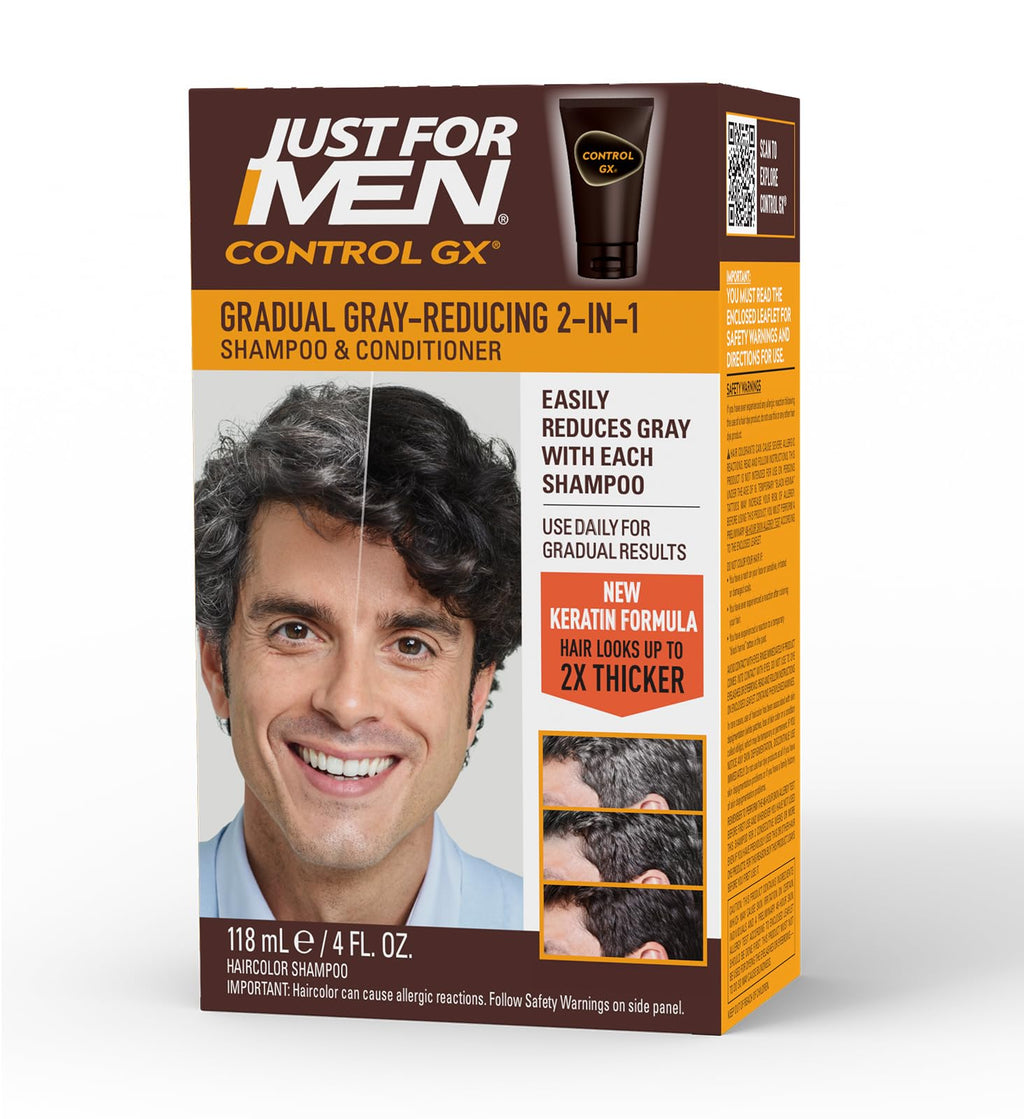 Just For Men Control GX Grey-Reducing 2-in-1 Shampoo & Conditioner with Keratin – Gradual Grey Reduction, 4 Fl Oz