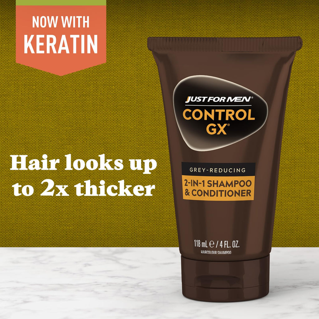 Just For Men Control GX Grey-Reducing 2-in-1 Shampoo & Conditioner with Keratin – Gradual Grey Reduction, 4 Fl Oz