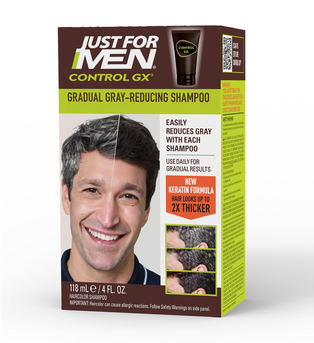 Just for Men Control GX Grey Reducing Shampoo with Keratin – Gradual Grey Reduction, Thicker-Looking Hair, 4 Oz (Packaging May Vary)