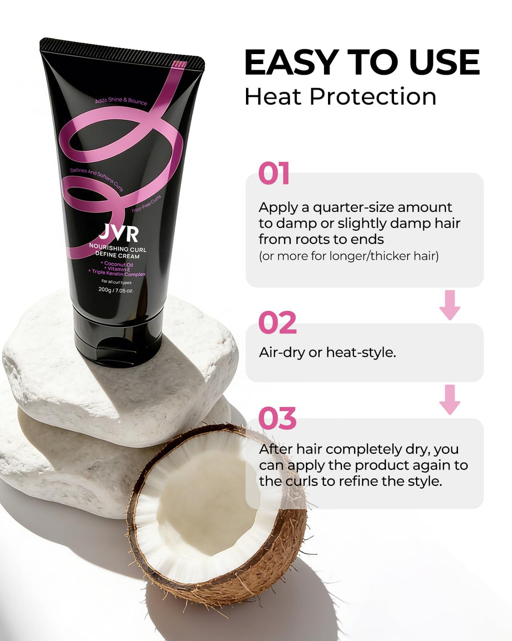 JVR Curl Cream for Curly Hair – 2-in-1 Defining, Hydrating Curl Cream with Coconut Oil & Vitamin E | Anti-Frizz & Heat Protectant (7.05oz)